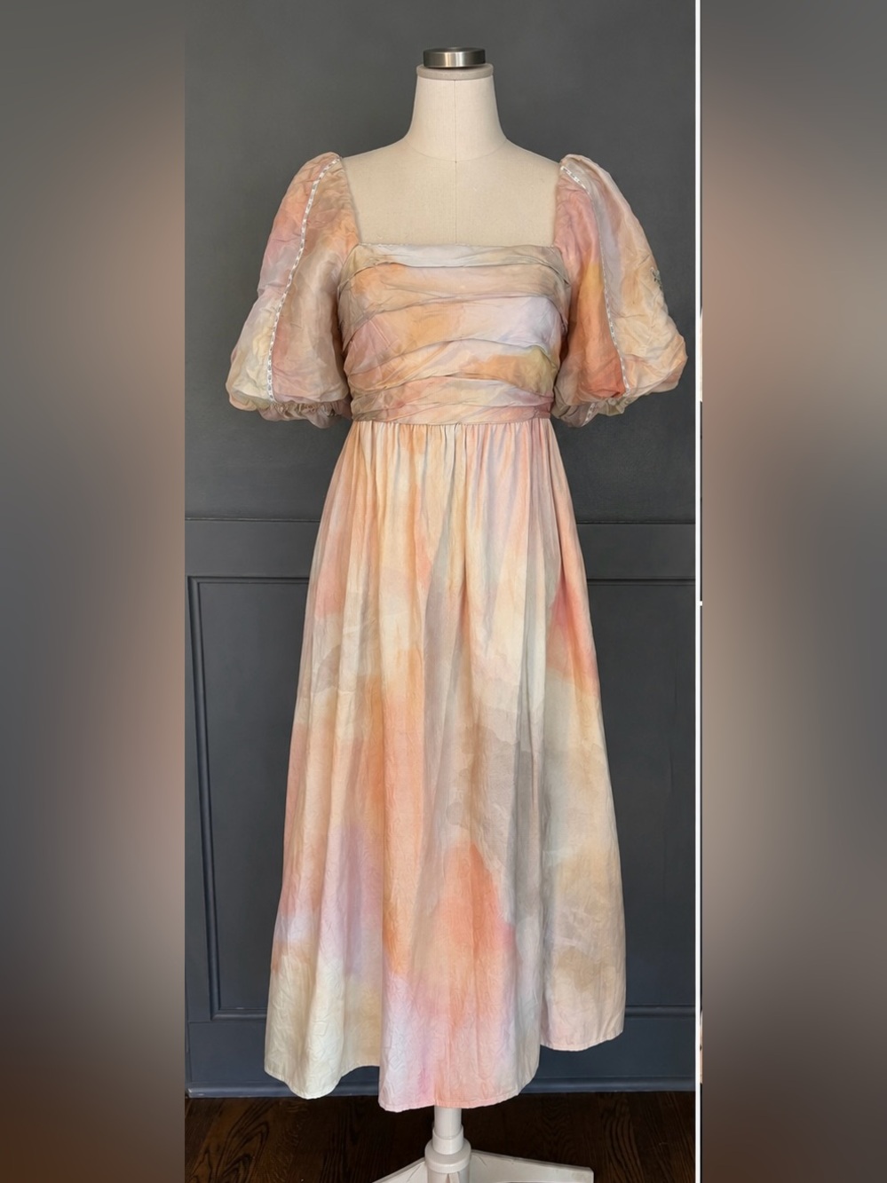 BL^NK London Embroidered Puff Sleeve Midi Dress Watercolor L